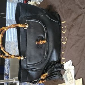 Gucci Calfskin Bamboo Medium Tassel Tote Black